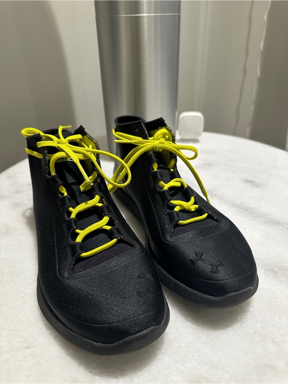 Under Armour Black Satin Style Sneakers with Neon Yellow Laces
